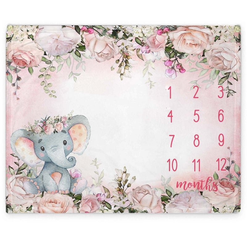 Popfavors Yuzioey Baby Girl Monthly Milestone Blanket, Floral Elephant Month Blanket for Newborn Baby Shower, Pink Elephant Girl Flower Blanket Growth Chart Monthly Blanket, Includes Marker (50x40) - Image 2