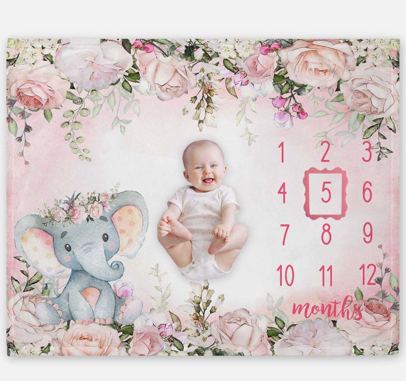 Popfavors Yuzioey Baby Girl Monthly Milestone Blanket, Floral Elephant Month Blanket for Newborn Baby Shower, Pink Elephant Girl Flower Blanket Growth Chart Monthly Blanket, Includes Marker (50x40) - Image 1