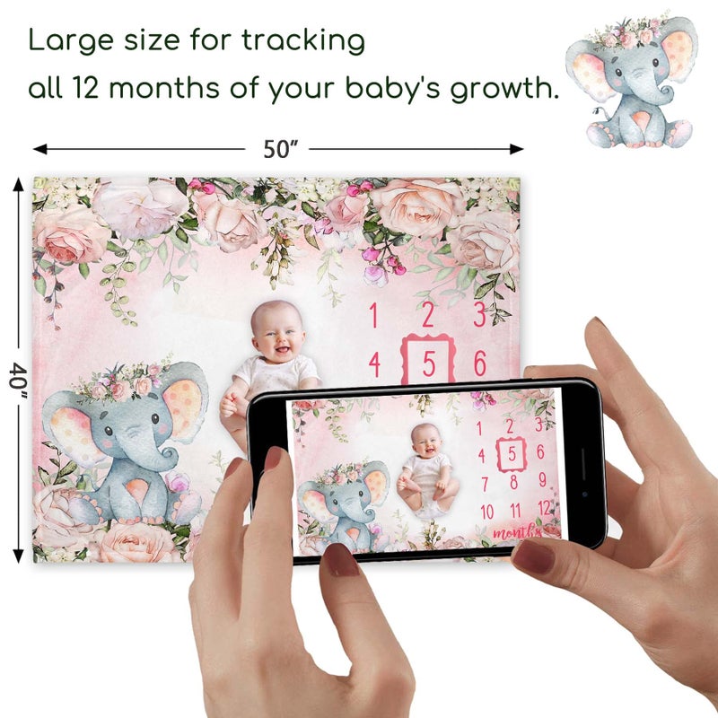 Popfavors Yuzioey Baby Girl Monthly Milestone Blanket, Floral Elephant Month Blanket for Newborn Baby Shower, Pink Elephant Girl Flower Blanket Growth Chart Monthly Blanket, Includes Marker (50x40) - Image 3
