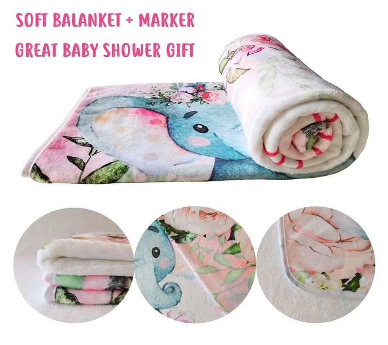 Popfavors Yuzioey Baby Girl Monthly Milestone Blanket, Floral Elephant Month Blanket for Newborn Baby Shower, Pink Elephant Girl Flower Blanket Growth Chart Monthly Blanket, Includes Marker (50x40) - Image 5