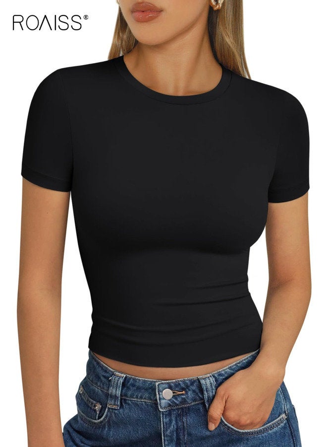 رويس تي شيرت نسائي بأكمام قصيرة، تي شيرت أساسي مطاطي مريح وجيد التهوية، مناسب للارتداء اليومي، أسود - Image 1