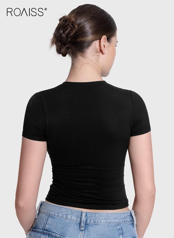 رويس تي شيرت نسائي بأكمام قصيرة، تي شيرت أساسي مطاطي مريح وجيد التهوية، مناسب للارتداء اليومي، أسود - Image 2