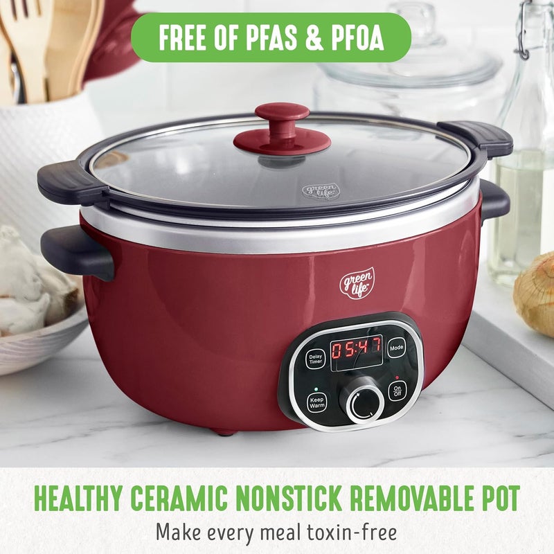 GreenLife طباخ بطيء سيراميك 6 كوارت من جرين لايف خالي من PFAS قابل للبرمجة وعاء صحي غير لاصق للوجبات العائلية تحمير على الموقد إبقاء دافئ مؤقت رقمي آمن في غسالة الصحون غطاء زجاجي أحمر - Image 2