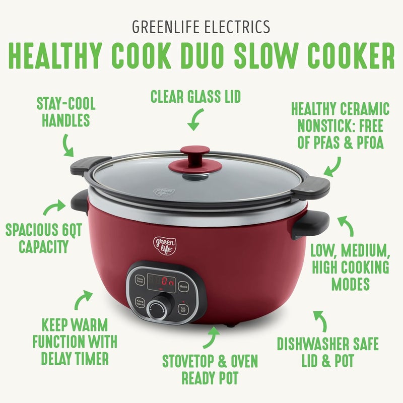 GreenLife طباخ بطيء سيراميك 6 كوارت من جرين لايف خالي من PFAS قابل للبرمجة وعاء صحي غير لاصق للوجبات العائلية تحمير على الموقد إبقاء دافئ مؤقت رقمي آمن في غسالة الصحون غطاء زجاجي أحمر - Image 3