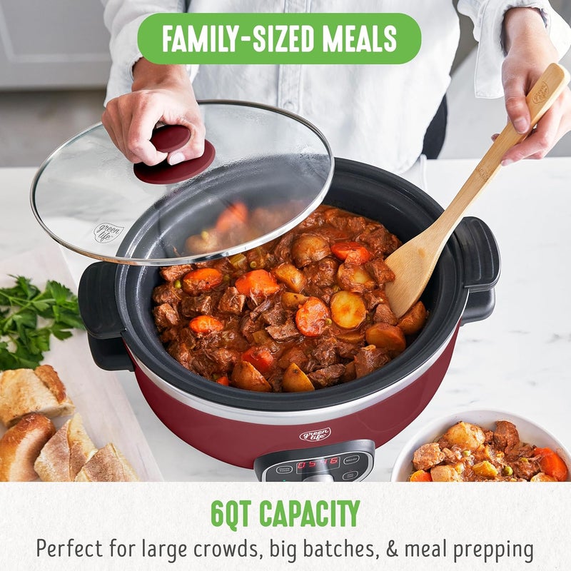 GreenLife طباخ بطيء سيراميك 6 كوارت من جرين لايف خالي من PFAS قابل للبرمجة وعاء صحي غير لاصق للوجبات العائلية تحمير على الموقد إبقاء دافئ مؤقت رقمي آمن في غسالة الصحون غطاء زجاجي أحمر - Image 4