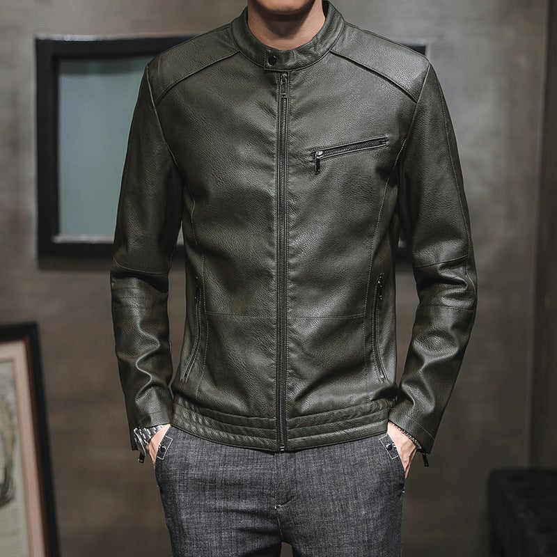 2020 Korean Slim Fit Youth Fashion Men'S Stand Collar Leather Jacket Solid Color Pu Leather Jacket - Image 4