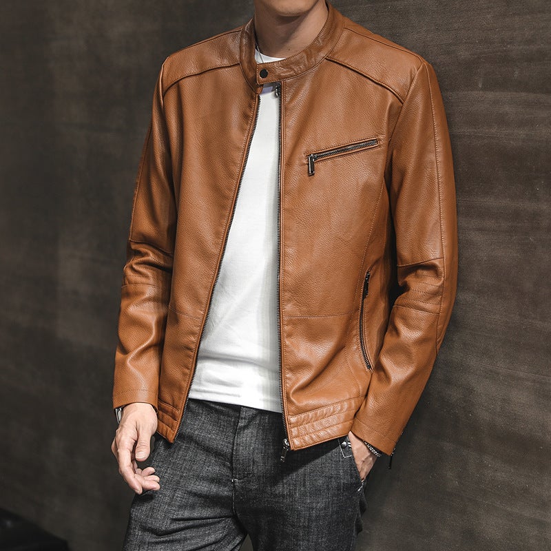 2020 Korean Slim Fit Youth Fashion Men'S Stand Collar Leather Jacket Solid Color Pu Leather Jacket - Image 2