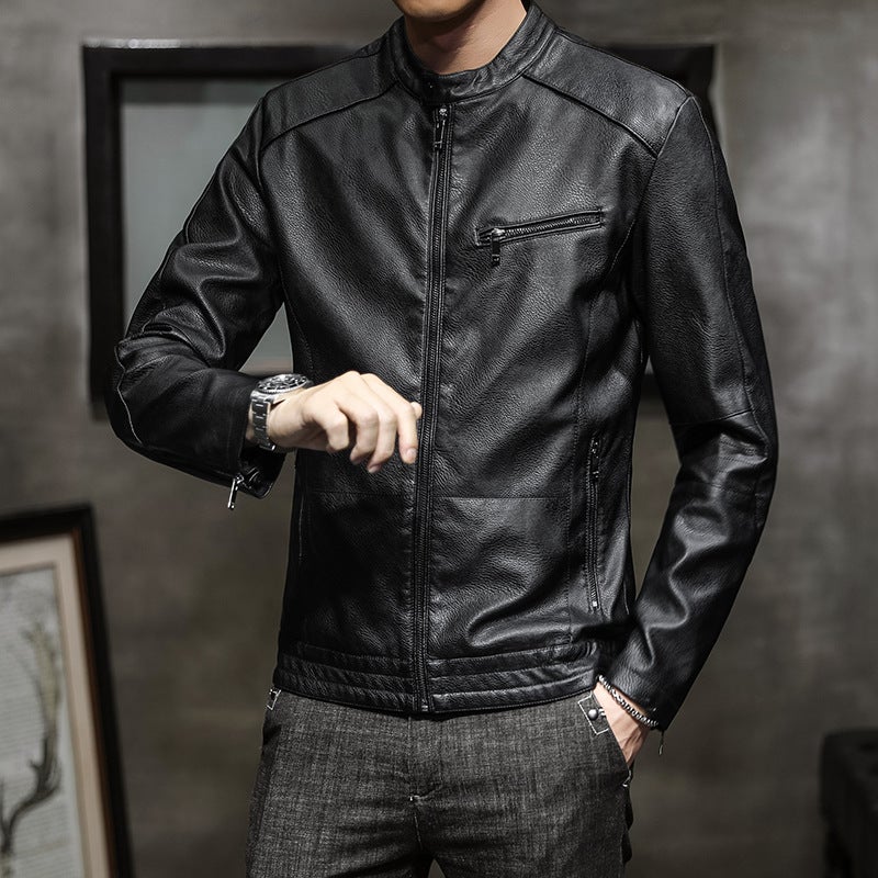 2020 Korean Slim Fit Youth Fashion Men'S Stand Collar Leather Jacket Solid Color Pu Leather Jacket - Image 3