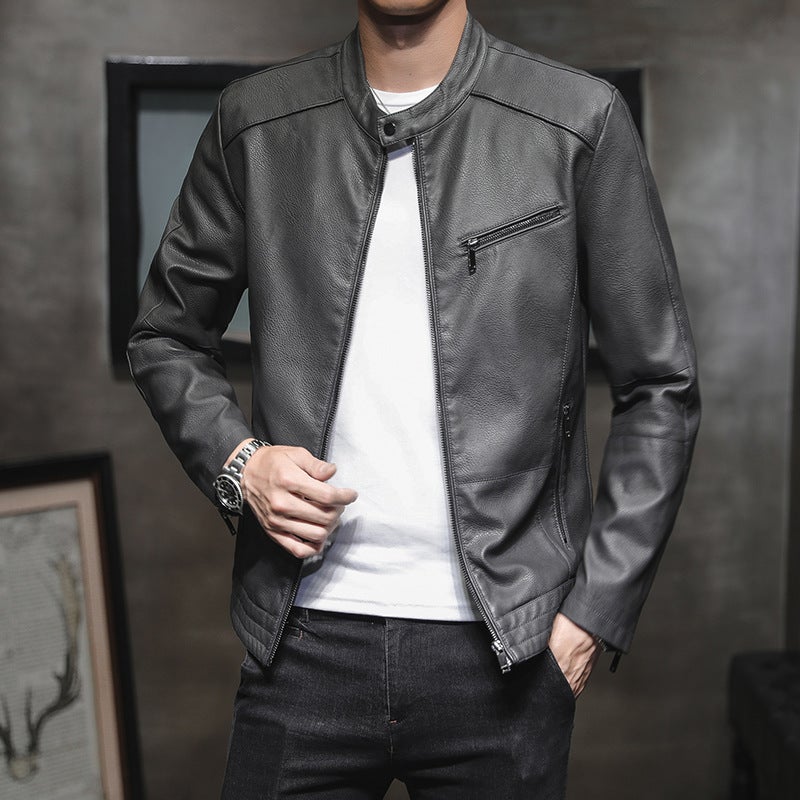 2020 Korean Slim Fit Youth Fashion Men'S Stand Collar Leather Jacket Solid Color Pu Leather Jacket - Image 5