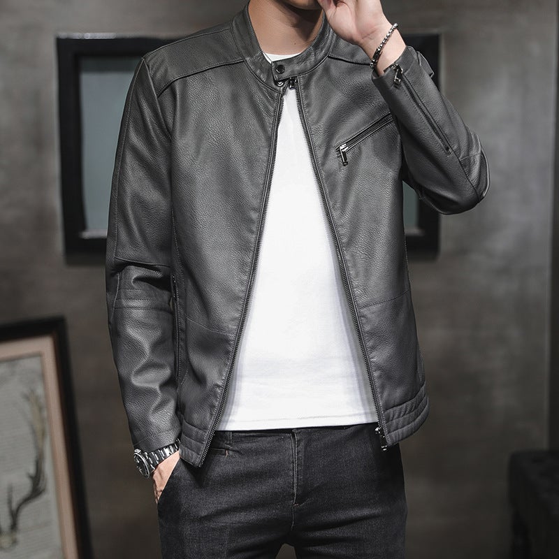 2020 Korean Slim Fit Youth Fashion Men'S Stand Collar Leather Jacket Solid Color Pu Leather Jacket - Image 1