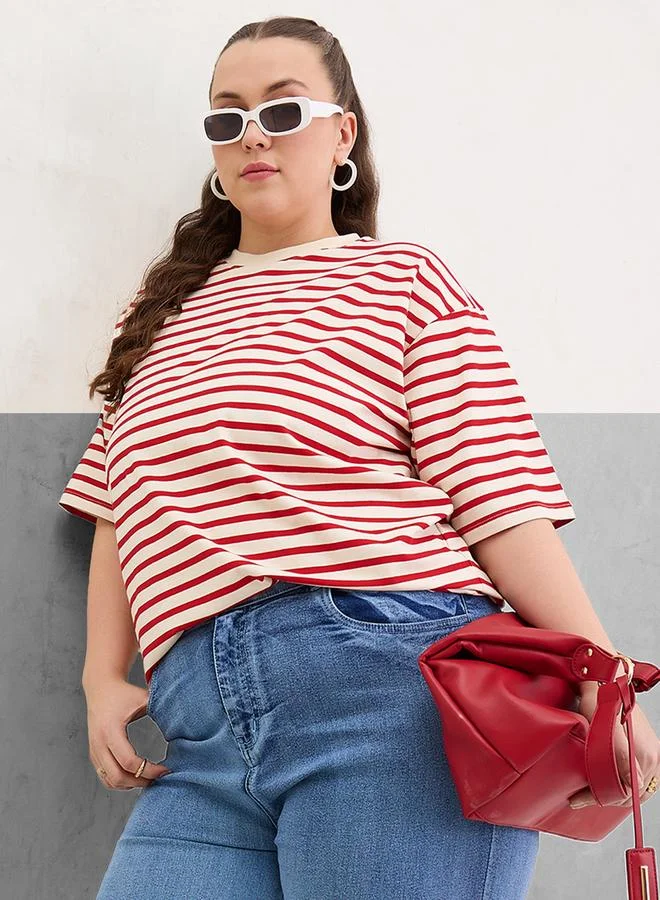 SASSAFRAS Sassafras Plus Size Red Striped T-Shirt