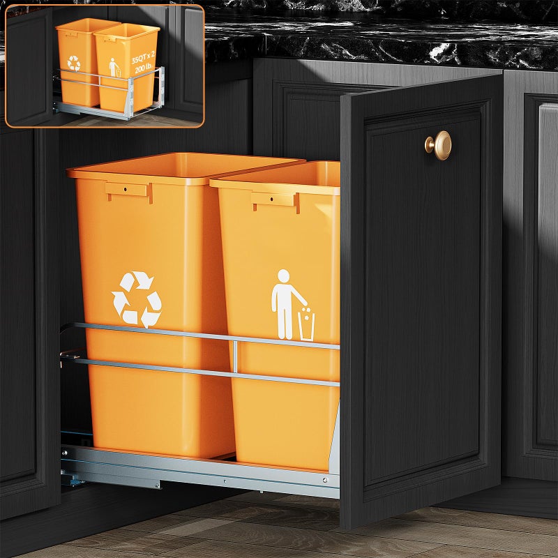 RUNMI Double Pull Out Trash Can Under Cabinet with Door Mounting Kit,Under Sink Trash Can for Kitchen with Soft-Close Slides, Not Included Can - Image 1