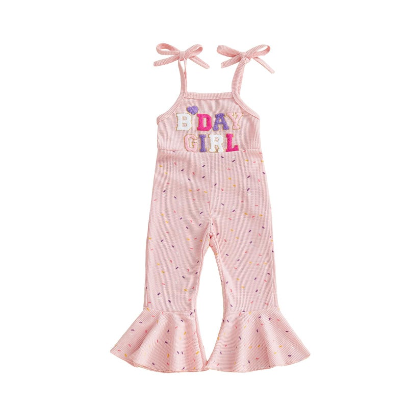Socutebabe First 2nd 3rd 4th 5th Birthday Outfit Girl B Day Jumpsuit Toddler Halter Romper Bell Bottoms Outfits For Girls (B Day Girl Donut Pink, 3-4T) - Image 1