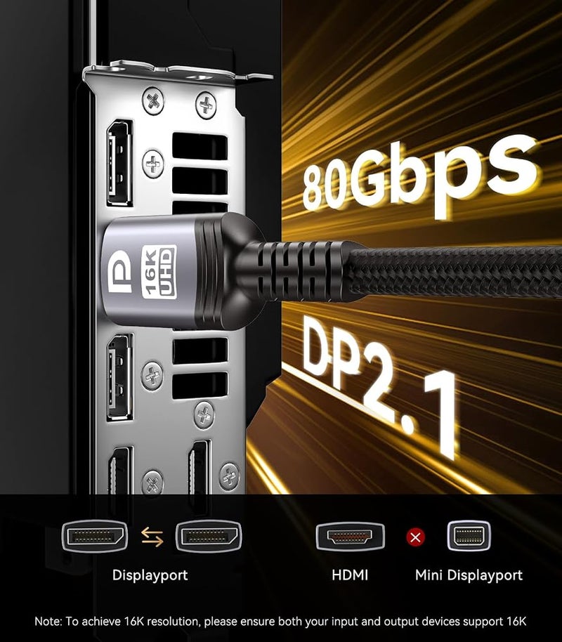 كابل DisplayPort من Sniokco بسرعة 80 جيجابت في الثانية، طول 4.5 متر، دعم لدقة 16K@60Hz و8K@240Hz، كما يدعم دقة 4K@540Hz و360Hz و240Hz، متوافق مع تقنيات HDR وHDCP 2.3 وDSC وFreeSync وG-Sync. مناسب لشاشات المراقبة وكروت الرسوميات RTX 5090 و40 - Image 4