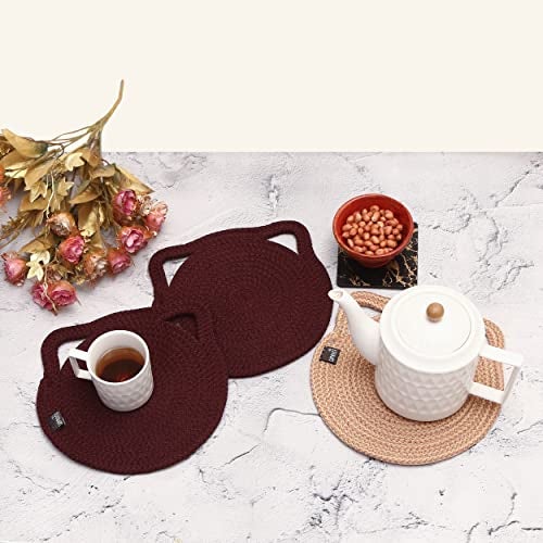 ST SAPROSE ® Polypropylene Cute CAT Ear Kitty Craft Trivet (3 PCS Set, Size: 23 cm) Pot MAT, Side Table Mat, Machine Washable Small Place Mat for Casserole on Dining Table (9" Dia) (Aubergine) - Image 2