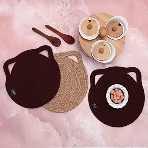ST SAPROSE ® Polypropylene Cute CAT Ear Kitty Craft Trivet (3 PCS Set, Size: 23 cm) Pot MAT, Side Table Mat, Machine Washable Small Place Mat for Casserole on Dining Table (9" Dia) (Aubergine) - Image 3
