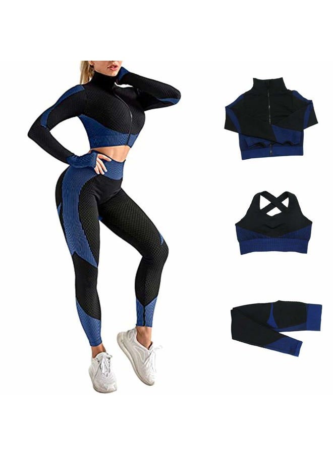 Veriliss Women's 3pcs Seamless Outfits Workout Sets, Gym Running Yoga Sportswear 3 Pieces Tracksuit Leggings and Stretch Sports Bra Gym Jumpsuit Clothes Set, Blackblue, M - Image 1