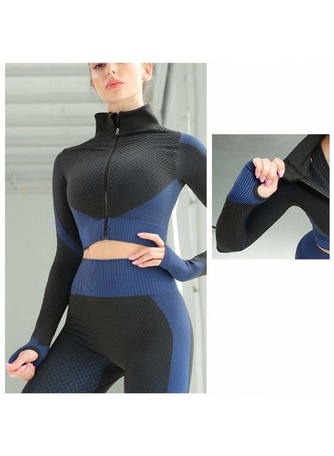 Veriliss Women's 3pcs Seamless Outfits Workout Sets, Gym Running Yoga Sportswear 3 Pieces Tracksuit Leggings and Stretch Sports Bra Gym Jumpsuit Clothes Set, Blackblue, M - Image 2