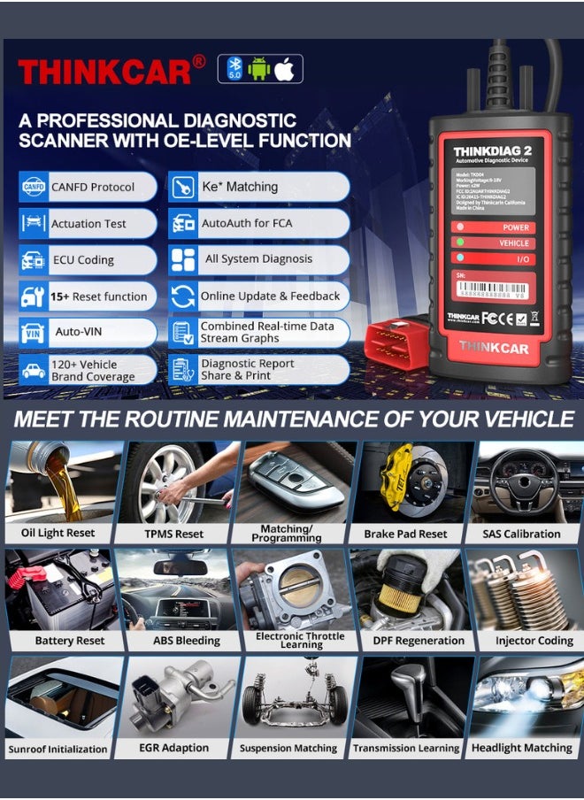 THINKCAR - Thinkdiag2 Full Version All System Obd2 Diagnostic Scanner, Bluetooth Scan Tool with Can-Fd Protocol, AutoVin, Active Test, 15 Reset Functions, Ecu Coding, 1 Year Free Update - Image 1