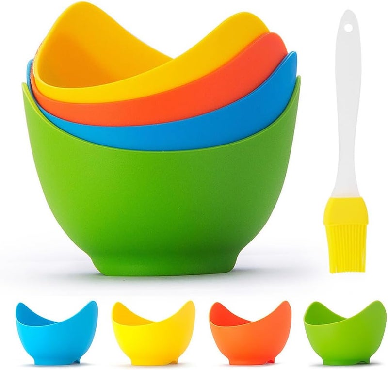 Mikim Silicone Egg Poacher Cups with Ring Standers, Nonstick Egg Poaching Cup for Stovetop Air Fryer Cooking, BPA Free, 4 Pack with Extra Oil Brush - Image 1