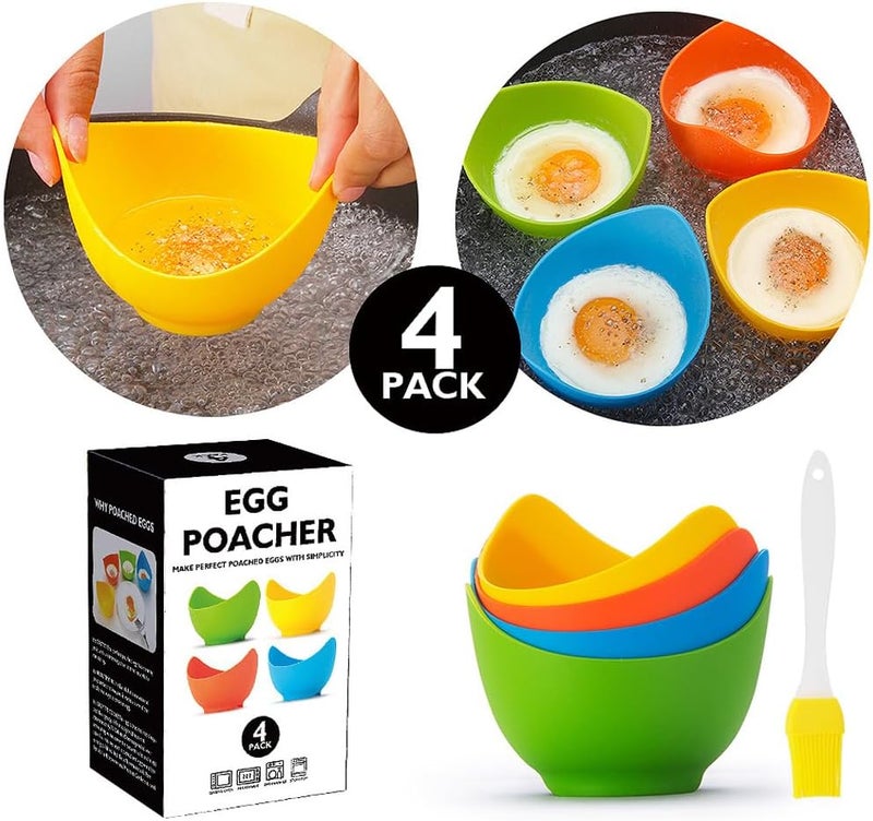 Mikim Silicone Egg Poacher Cups with Ring Standers, Nonstick Egg Poaching Cup for Stovetop Air Fryer Cooking, BPA Free, 4 Pack with Extra Oil Brush - Image 2