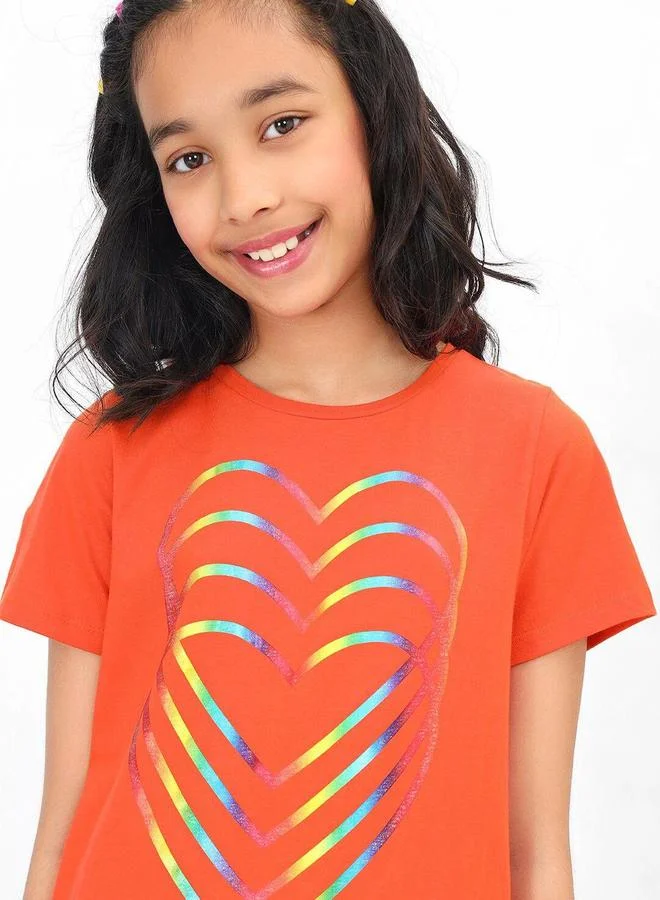 Bonkids Regular Fit Printed Tomato And Red Cotton T-Shirt For Girls Round Neck Flat Collar Pull On 100 % Cotton