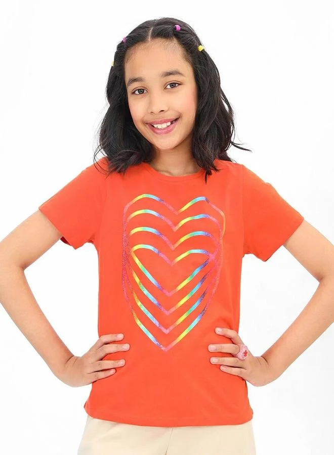 Bonkids Regular Fit Printed Tomato And Red Cotton T-Shirt For Girls Round Neck Flat Collar Pull On 100 % Cotton