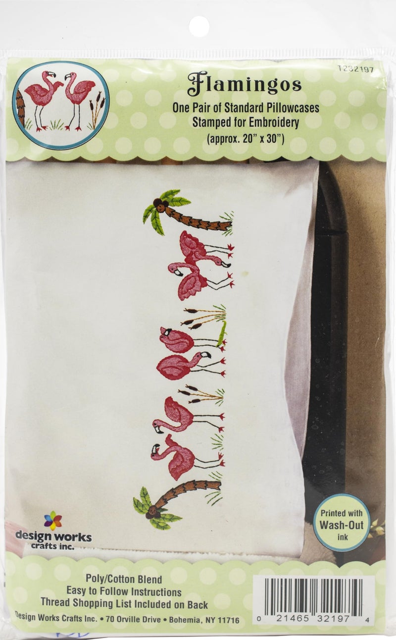 Design Works Crafts Flamingos Stamped for Embroidery Pillowcases - Image 1