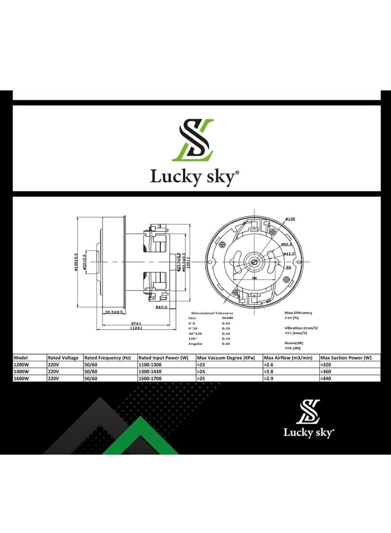 Lucky Sky 1200W Watt Universal Vacuum Cleaner Motor Power 135/84mm Diameter and 35/111mm Height Vacuum Cleaner Accessory Parts Replacement - Image 5