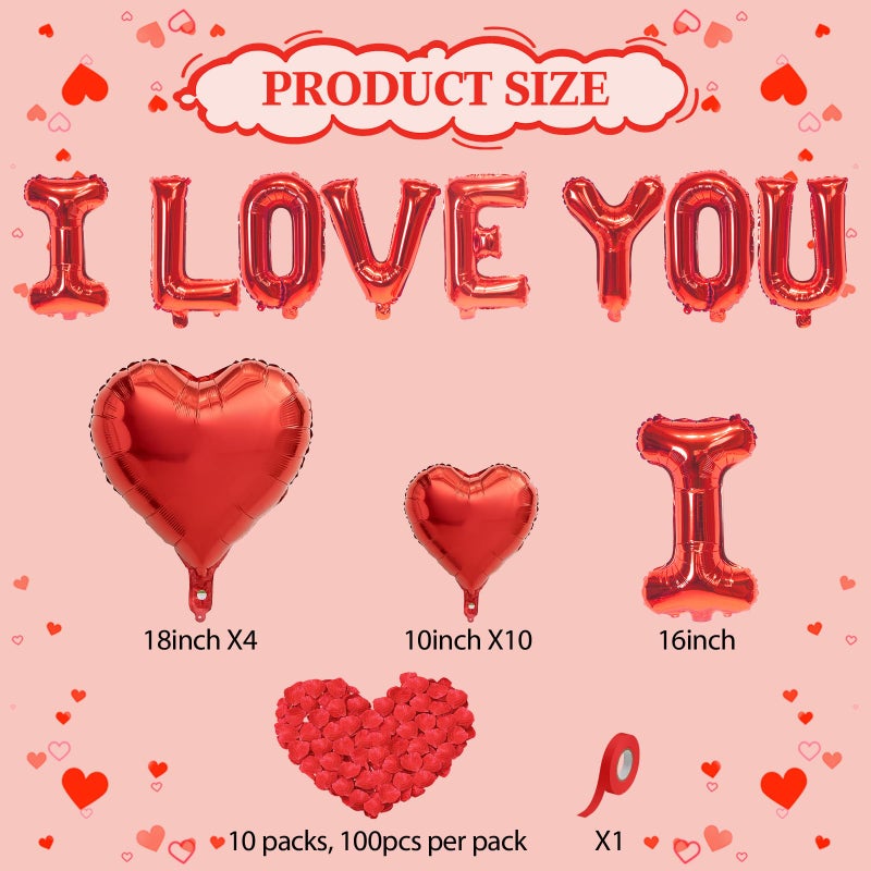 Froova I Love You Balloons Valentines Day Balloons Red Heart Love Foil Mylar Balloon 1000 Pcs Rose Petals for Wedding Anniversary Engagement Valentine Day Romantic Decorations Special Night Party - Image 2