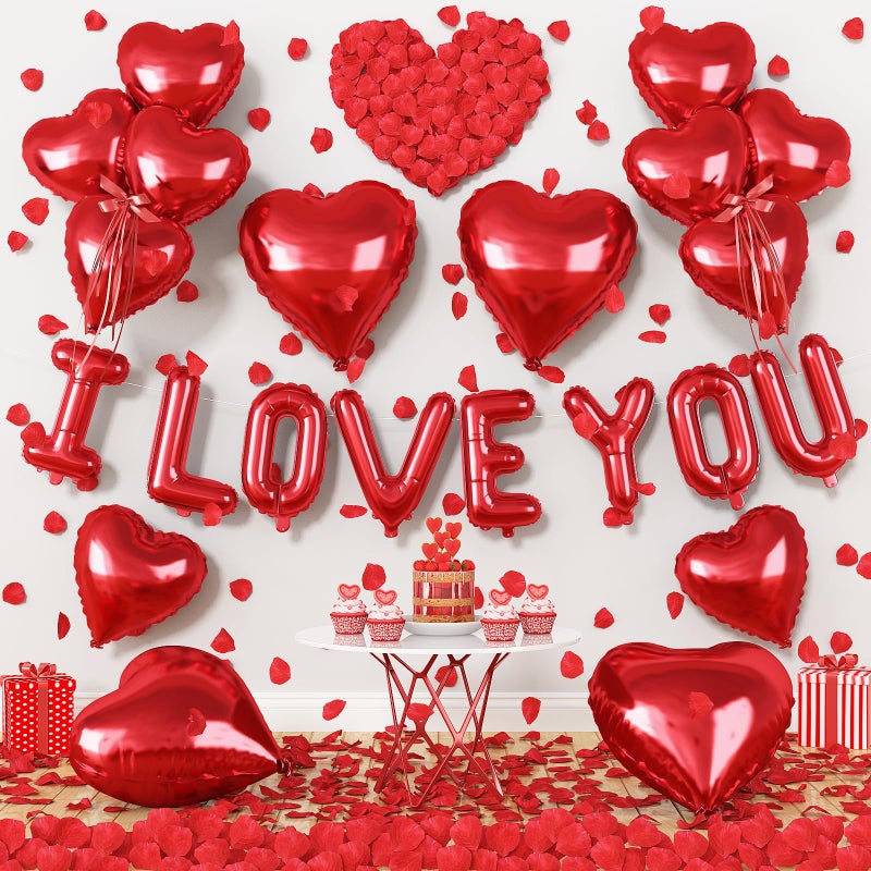 Froova I Love You Balloons Valentines Day Balloons Red Heart Love Foil Mylar Balloon 1000 Pcs Rose Petals for Wedding Anniversary Engagement Valentine Day Romantic Decorations Special Night Party - Image 4