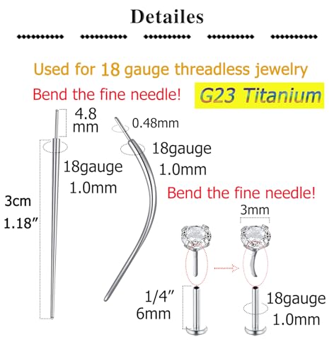 QWALIT Piercing Taper Threadless Piercing Changing Tool Piercing Taper Insertion Tool Piercing Threader Tool Flat Back Earring Applicator Tool Threadless Labret Titanium Threadless Insertion Pin 18g - Image 2