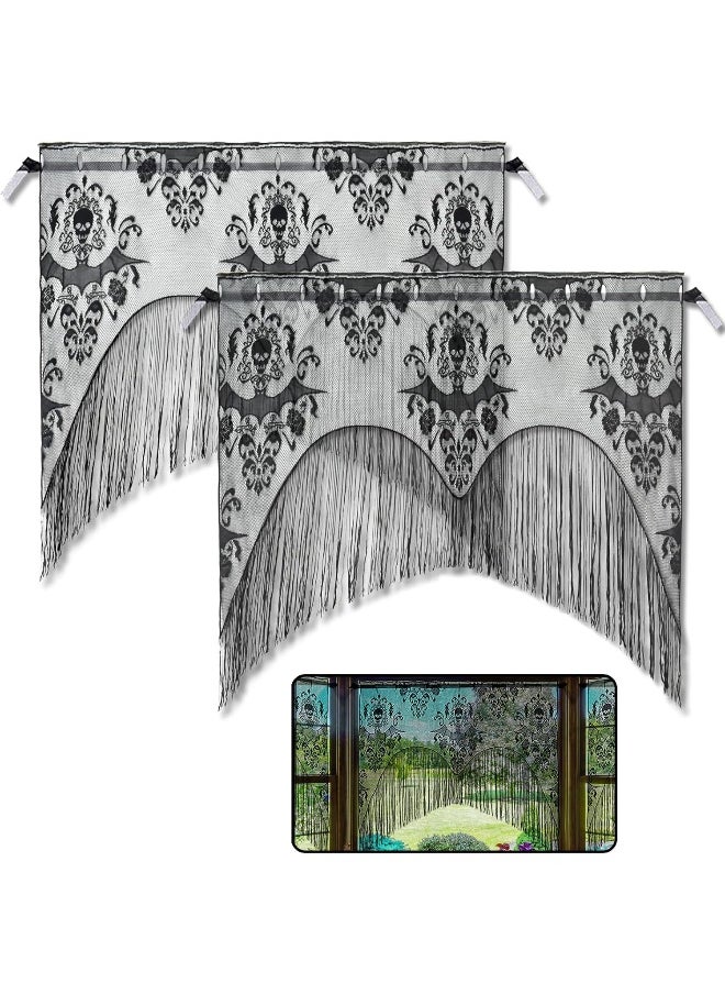 ZeeDix ZeeDix 2 Pcs Halloween Lace Skull Window Curtain- Black Tassel Door Curtain for Halloween Home Party Decorations, Halloween Party Supplies  - Image 1