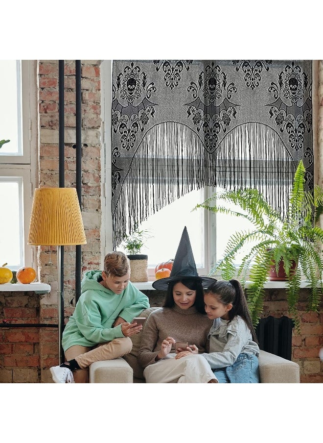 ZeeDix ZeeDix 2 Pcs Halloween Lace Skull Window Curtain- Black Tassel Door Curtain for Halloween Home Party Decorations, Halloween Party Supplies  - Image 5
