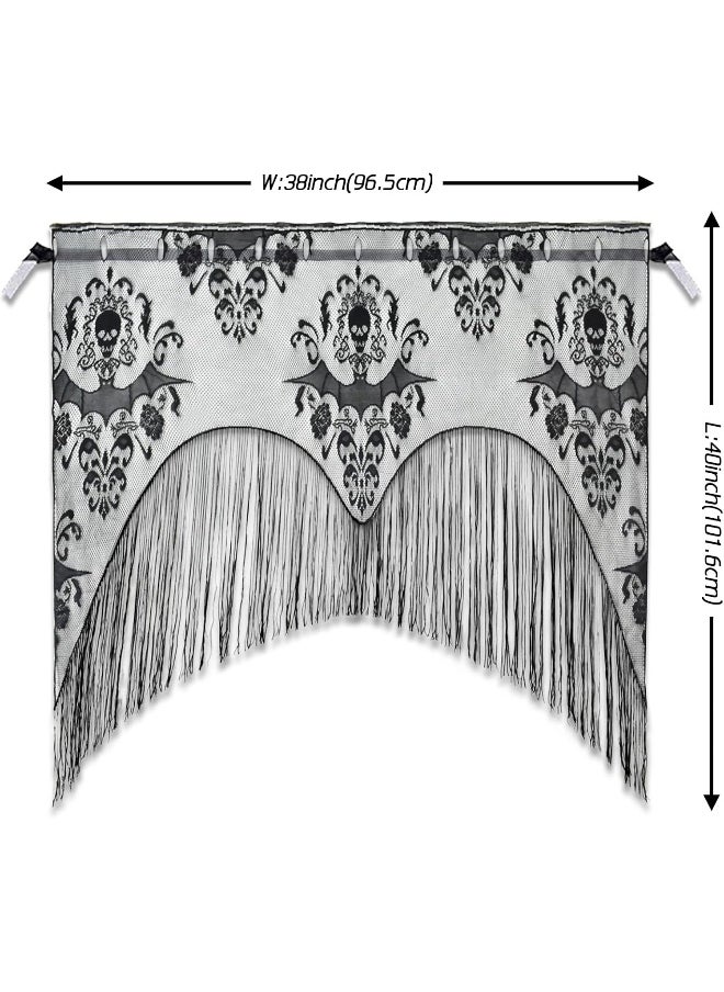 ZeeDix ZeeDix 2 Pcs Halloween Lace Skull Window Curtain- Black Tassel Door Curtain for Halloween Home Party Decorations, Halloween Party Supplies  - Image 2