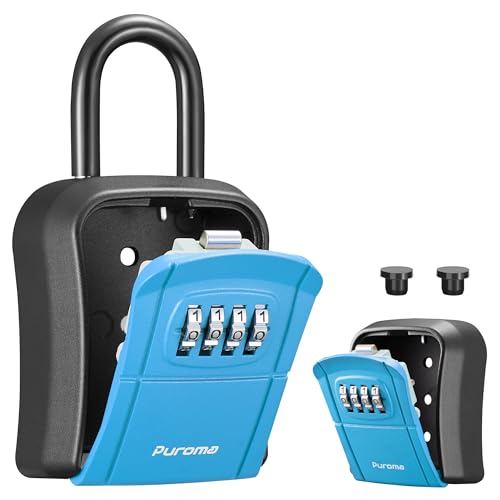 Puroma صندوق قفل المفاتيح من بوروما، صندوق قفل محمول مثبت على الحائط لتخزين المفاتيح المنزلية، صندوق أمان بقفل قابل لإعادة الضبط للمفاتيح الاحتياطية للمنزل، المكتب، الشقة (1 عبوة، أزرق) - Image 1