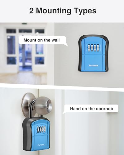 Puroma صندوق قفل المفاتيح من بوروما، صندوق قفل محمول مثبت على الحائط لتخزين المفاتيح المنزلية، صندوق أمان بقفل قابل لإعادة الضبط للمفاتيح الاحتياطية للمنزل، المكتب، الشقة (1 عبوة، أزرق) - Image 2