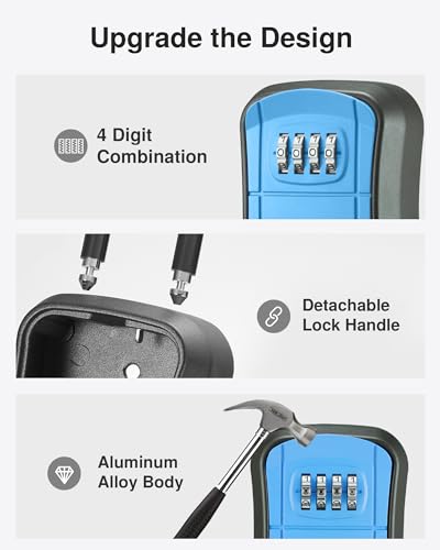 Puroma صندوق قفل المفاتيح من بوروما، صندوق قفل محمول مثبت على الحائط لتخزين المفاتيح المنزلية، صندوق أمان بقفل قابل لإعادة الضبط للمفاتيح الاحتياطية للمنزل، المكتب، الشقة (1 عبوة، أزرق) - Image 5