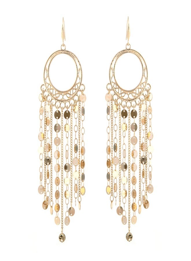 NTLX Bohemian Boho Tassel Dangle Drop Earrings for Women - Lightweight Filigree Gypsy Coin Chandelier Disc Charm Hoops - included Gift Box (Round - Gold) - Image 1