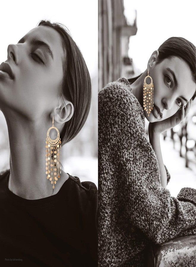 NTLX Bohemian Boho Tassel Dangle Drop Earrings for Women - Lightweight Filigree Gypsy Coin Chandelier Disc Charm Hoops - included Gift Box (Round - Gold) - Image 3