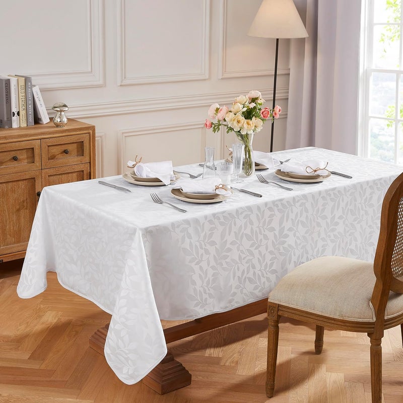 LinenZone Elegant Rectangle Leaf Tablecloth Each 60 x 104 Inch Oblong Tablecloth Come with 6 Matching Cocktail Napkins White Jacquard Tablecloth for Holiday Season Dinner Carla 60 x 104 White - Image 1
