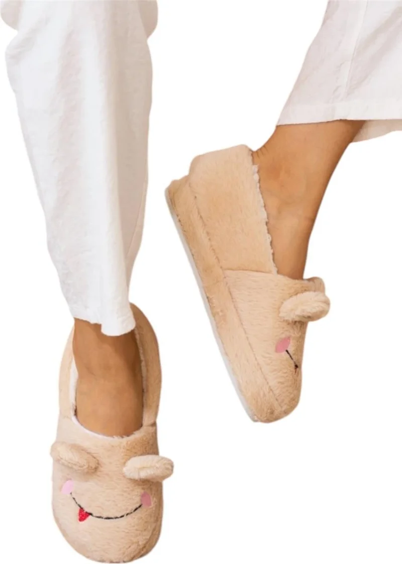 Liger Winter Women's Slipper Home Shoes | Frog Figure | Non-Slip Sole Beige