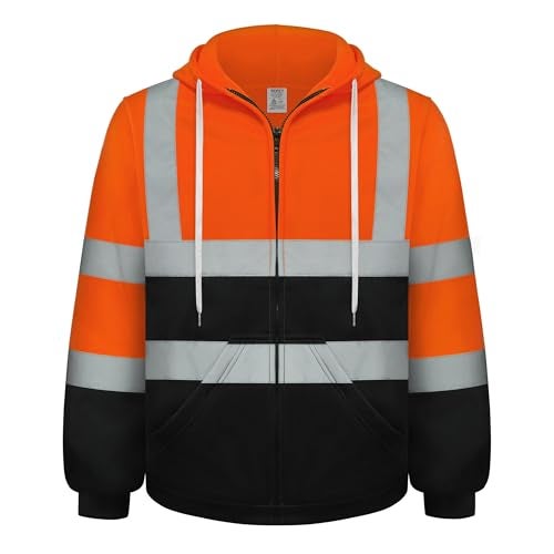 TCCFCCT Safety Jackets for Men Reflective Safety Work Hoodies with Zipper Class 3 High Visibility Hoodie for Men Women Hi Vis Hoodies for Surveyors Dirtresistant with Black Bottom Part Orange L - Image 1