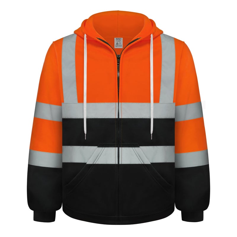 TCCFCCT Safety Jackets for Men Reflective Safety Work Hoodies with Zipper Class 3 High Visibility Hoodie for Men Women Hi Vis Hoodies for Surveyors Dirtresistant with Black Bottom Part Orange L - Image 2