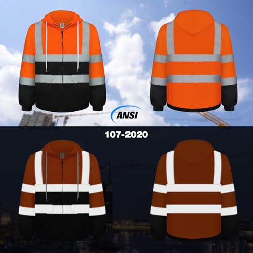 TCCFCCT Safety Jackets for Men Reflective Safety Work Hoodies with Zipper Class 3 High Visibility Hoodie for Men Women Hi Vis Hoodies for Surveyors Dirtresistant with Black Bottom Part Orange L - Image 3