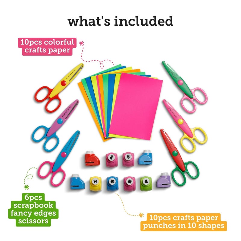Incraftables Craft Scissors with Decorative Edge â€“ 26 Piece Crafting Set - 6 Scissors with Fun Decorative Edge - 10 Paper Hole Punch Shapes & 10 Colorful Pieces of Paper - Image 2