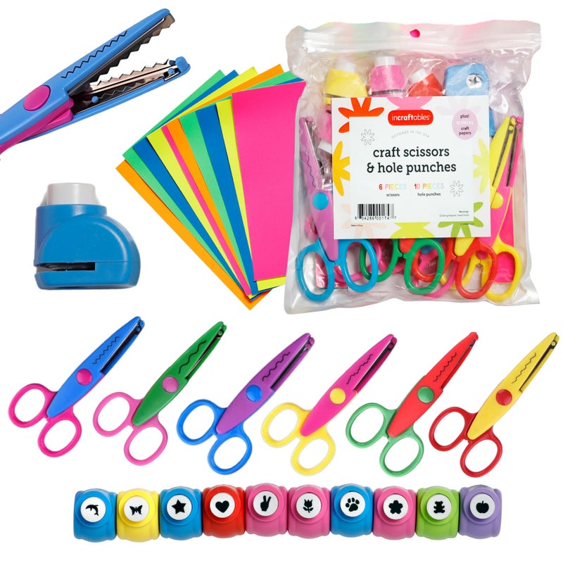 Incraftables Craft Scissors with Decorative Edge â€“ 26 Piece Crafting Set - 6 Scissors with Fun Decorative Edge - 10 Paper Hole Punch Shapes & 10 Colorful Pieces of Paper - Image 1