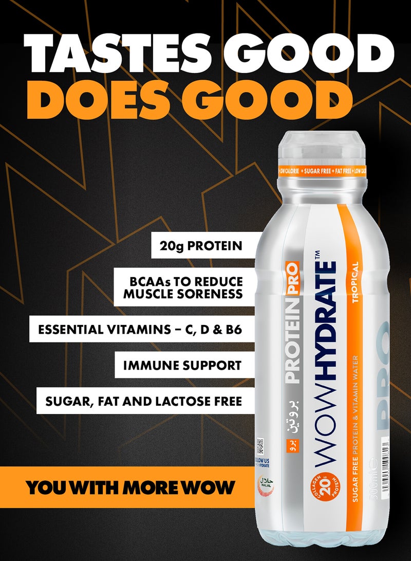 WOW Hydrate بروتين برو 20 جرام كولاجين خالي من السكر منخفض السعرات غنية بالفيتامينات استعادة سريعة 12 × 500 مل استوائي - Image 5