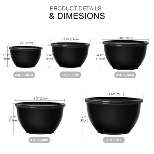 Greentainer 5-Piece Plastic Mixing Bowls with Lids Set for Kitchen, Nesting Bowls for Mixing, Baking, Prepping, Cooking and Serving Food, Black Mixing Bowls Dishwasher, Microwave Safe - Image 2
