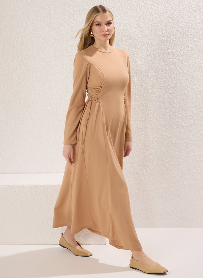 trendyol Camel Lacing Rope Detailed Knitted Crepe Dress - Image 2